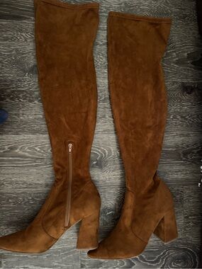 Women's Tan Suede Over-the-Knee Block Heel Boots